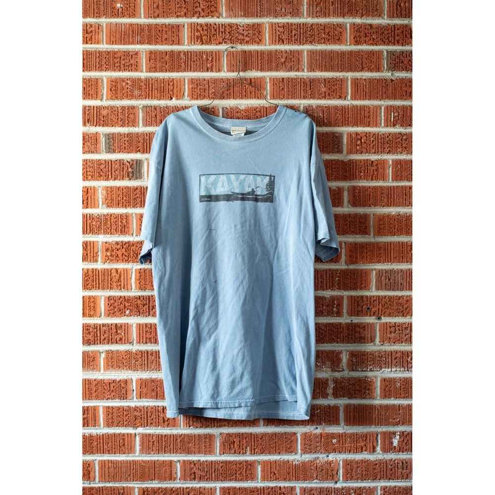 LL Bean Vintage Kayak Graphic T-Shirt Mens XL Blue Cotton Short Sleeve Gorpcore